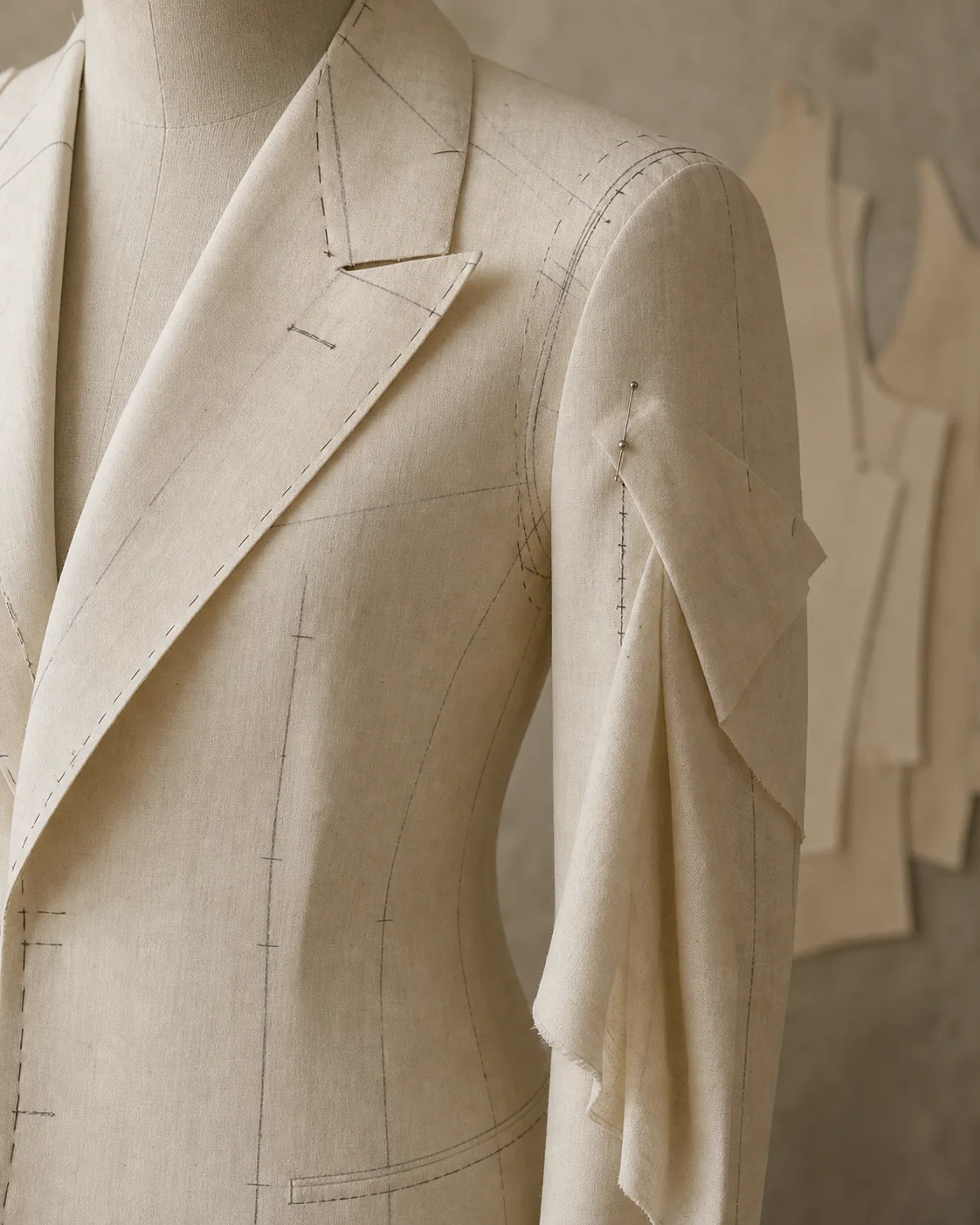 Concept render placeholder showing tailored jacket construction markings and draped fabric