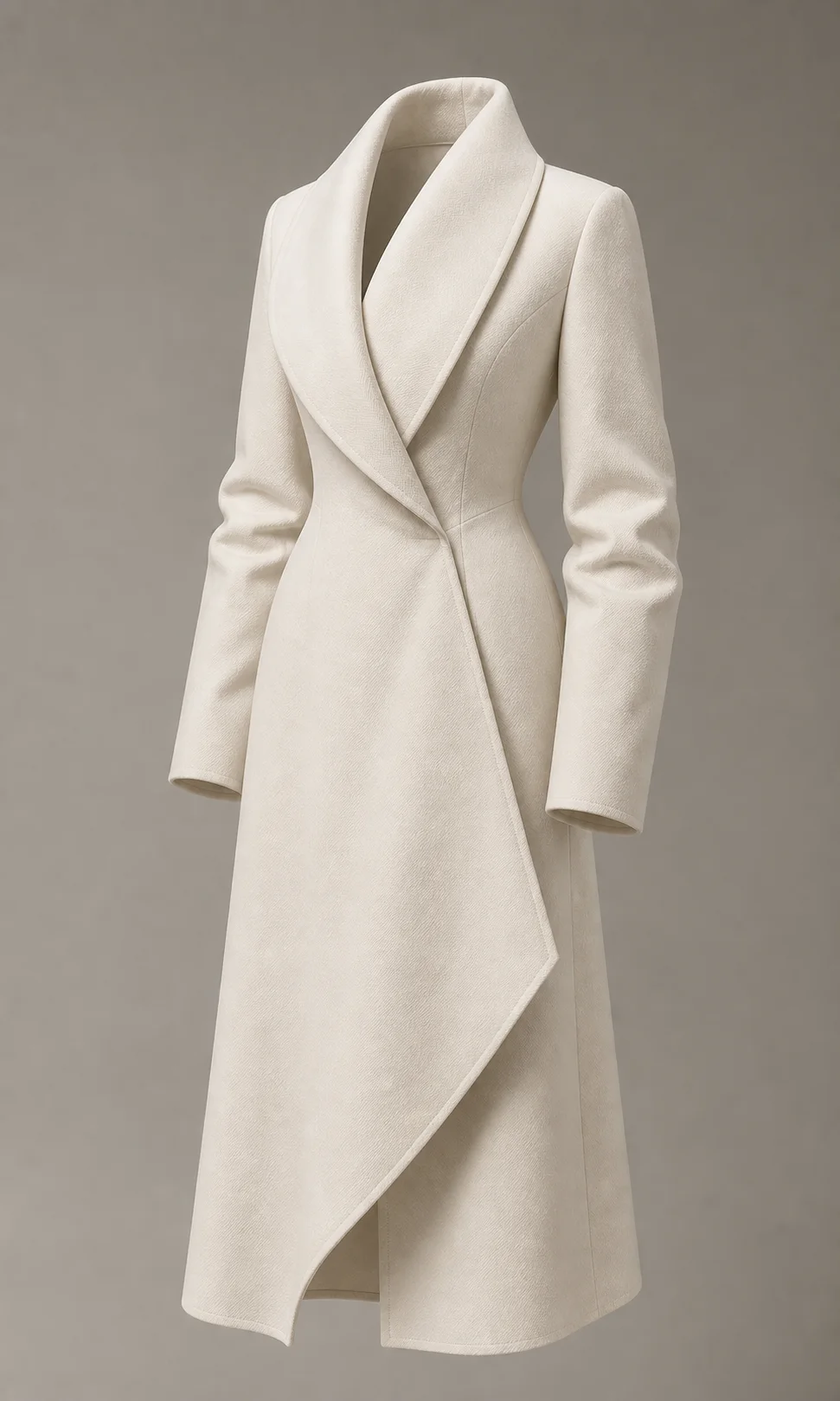 Concept render placeholder of a sculptural ivory tailored coat