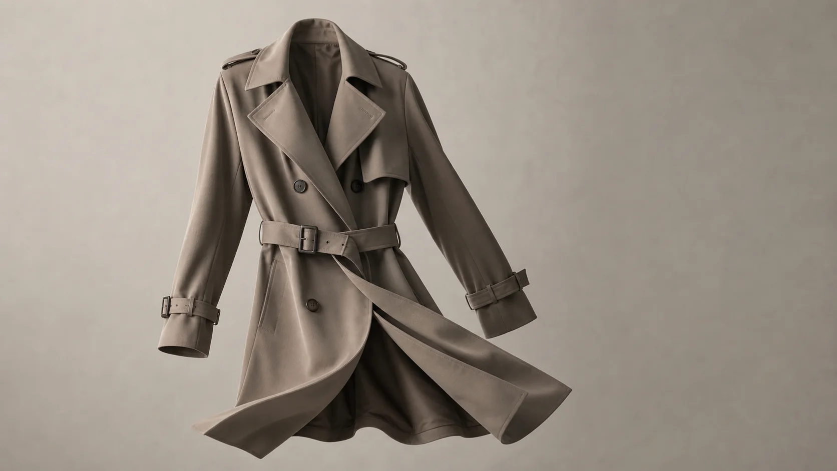 Concept render placeholder of a taupe tailored trench coat in motion