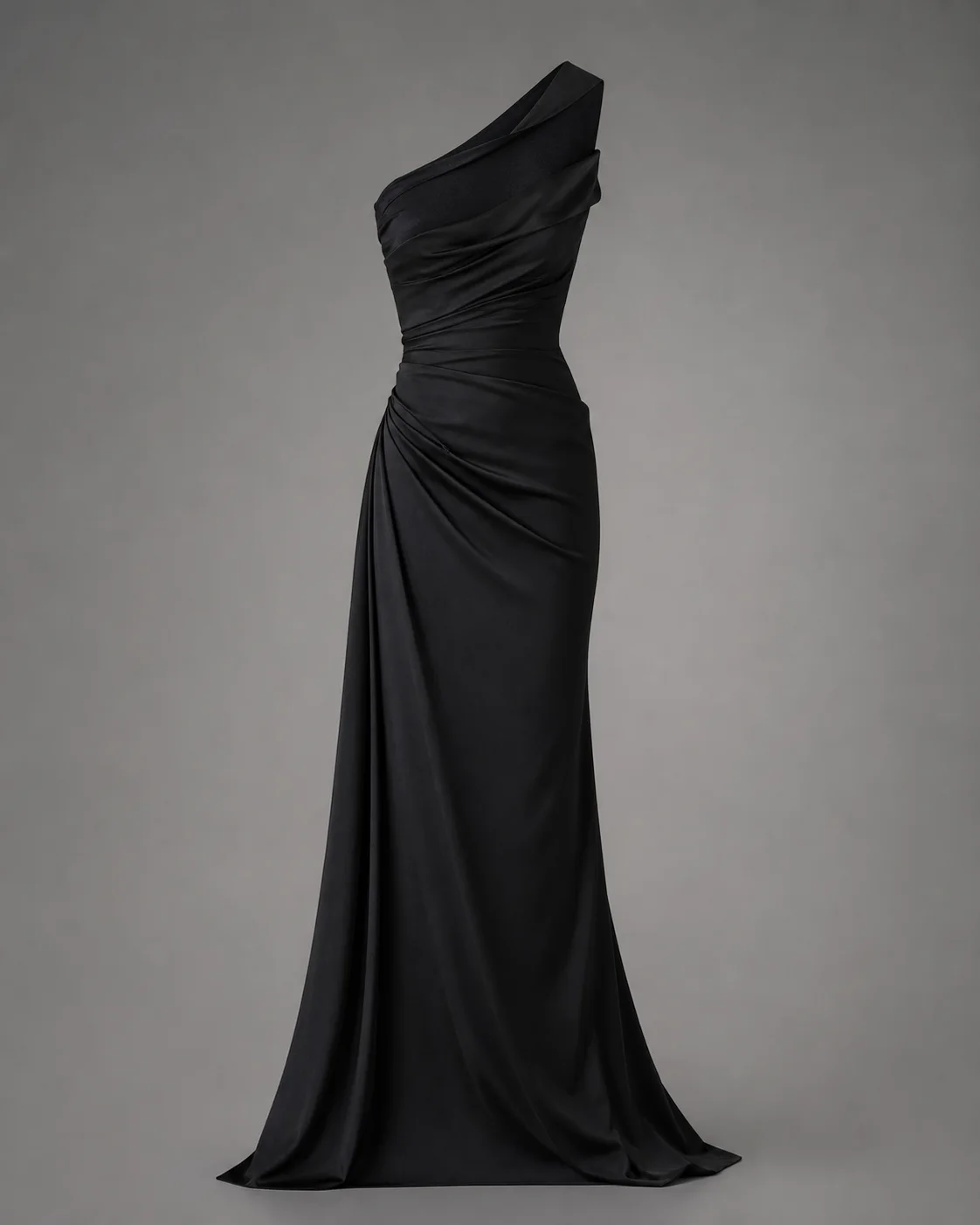 Concept render placeholder of a near-black draped evening gown