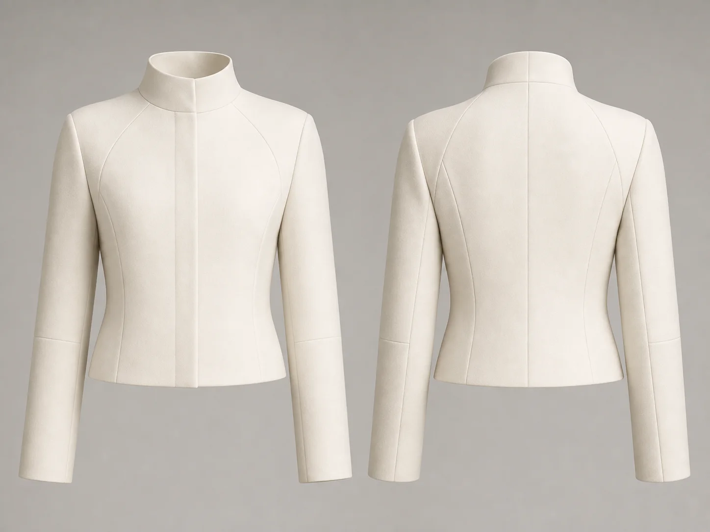 Concept render placeholder of a minimal ivory jacket in front and back views